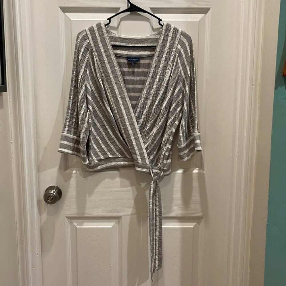 Gray and white striped wide sleeve top